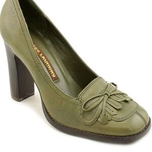 CHINESE LAUNDRY Courtney Army Green Leather Pumps Block High Heels 1940’s Retro